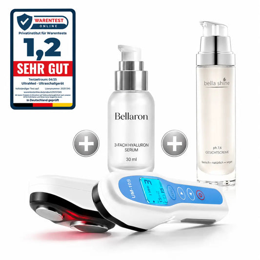UltraMed - Professionelles Ultraschallgerät für Gesicht und Körper + Bellaron 3-fach Hyaluronserum gegen Falten + Bella Shine Tages- und Nachtcreme