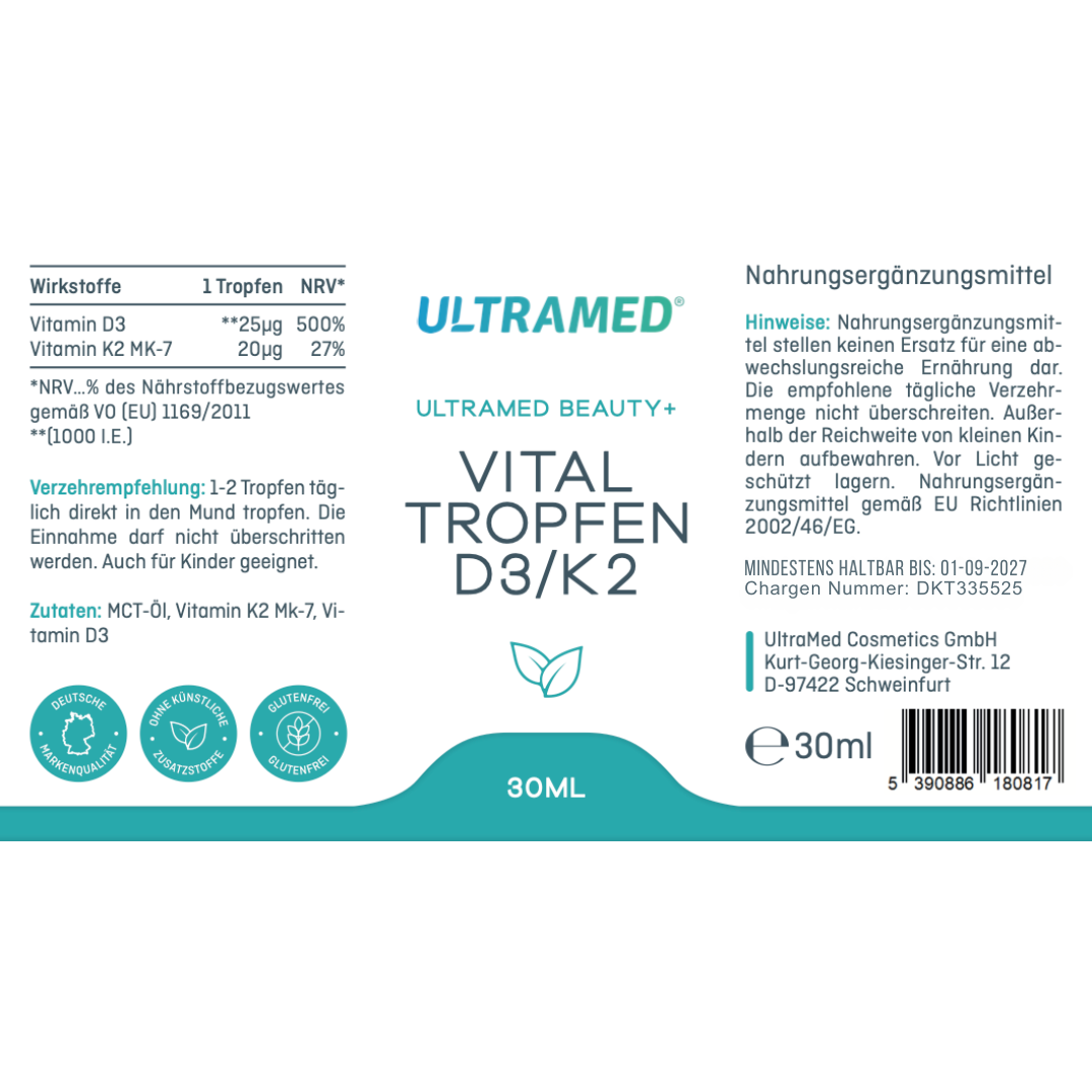 NEU! UltraMed Beauty+ D3/K2 Vital Tropfen – Synergie für Knochen, Immunsystem & Herz-Kreislauf
