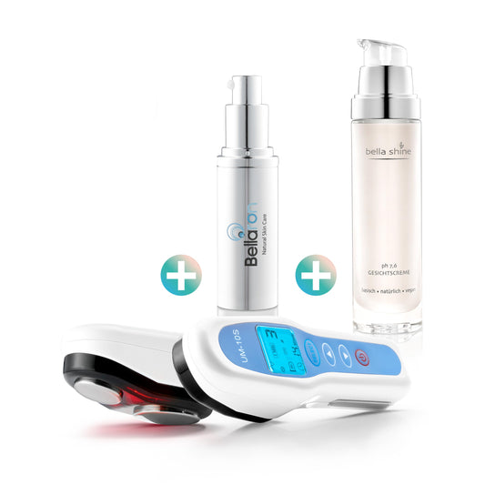 UltraMed - Professionelles Ultraschallgerät für Gesicht und Körper + Bellaron 3-fach Hyaluronserum gegen Falten + Bella Shine Tages- und Nachtcreme
