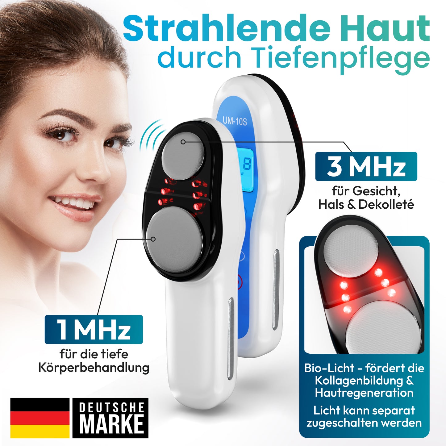 UltraMed - Professionelles Ultraschallgerät für Zuhause - Mit 2 Schallköpfen - 1 MHz + 3 MHz - Für Körper & Gesicht